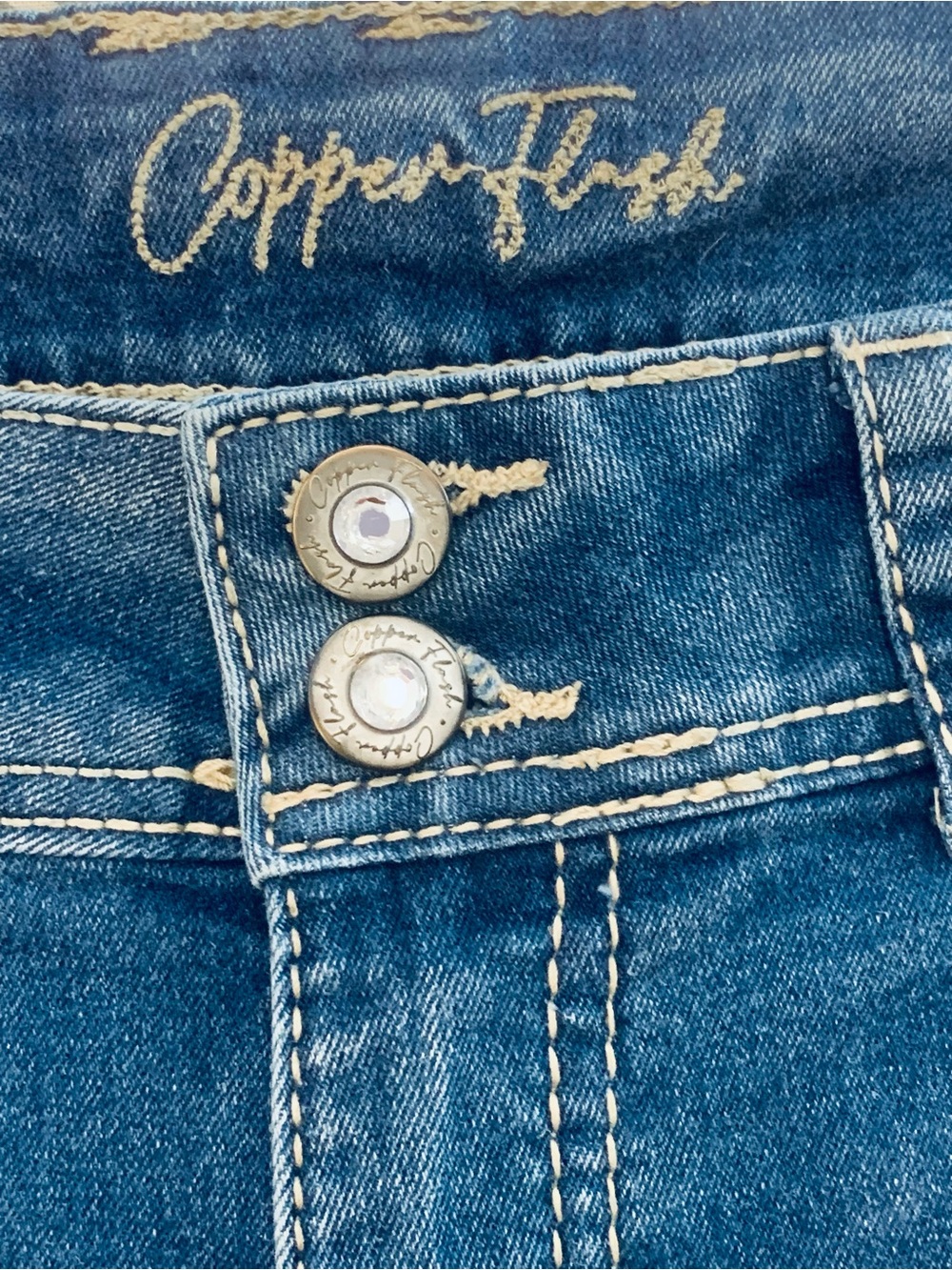 Vintage Copper Flash Curvy Bootcut Embroidered Bling Lotus Flower Pockets SZ 12 - Picture 6 of 9